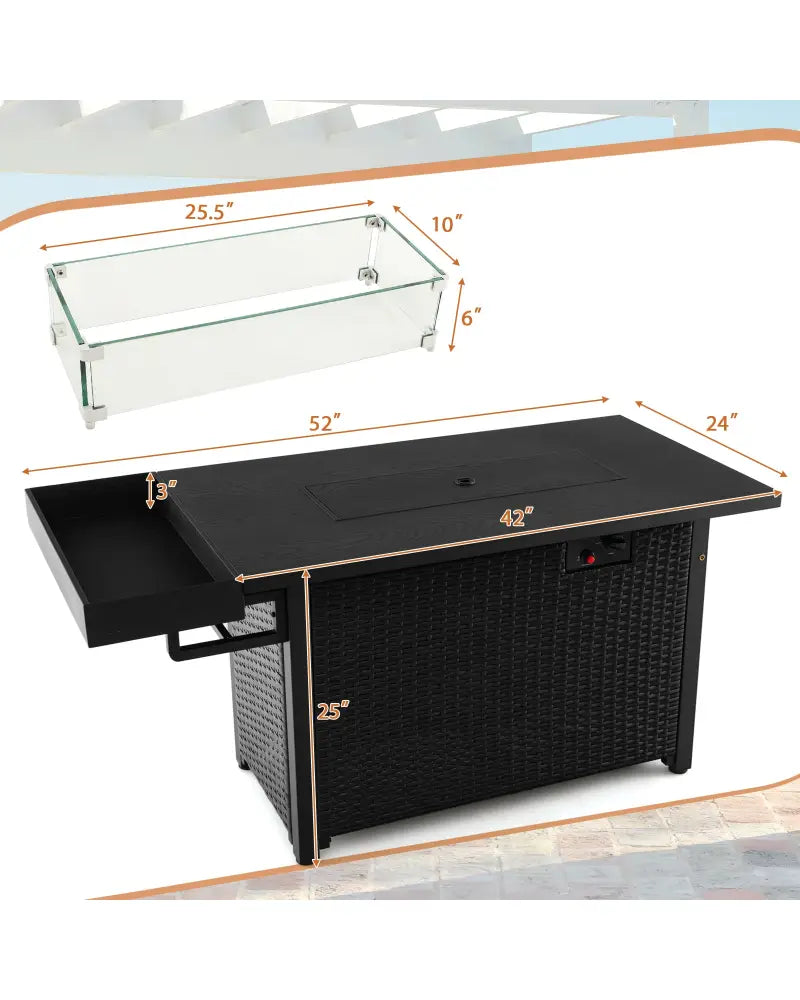 52 Inches Outdoor Wicker Gas Fire Pit Propane Fire Table with Cover-Black - Black - Fire Pit Tables