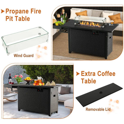 52 Inches Outdoor Wicker Gas Fire Pit Propane Fire Table with Cover-Black - Black - Fire Pit Tables