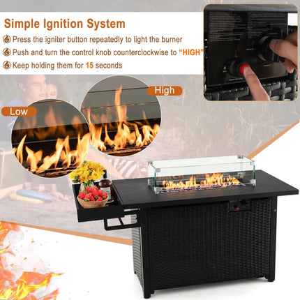 52 Inches Outdoor Wicker Gas Fire Pit Propane Fire Table with Cover-Black - Black - Fire Pit Tables