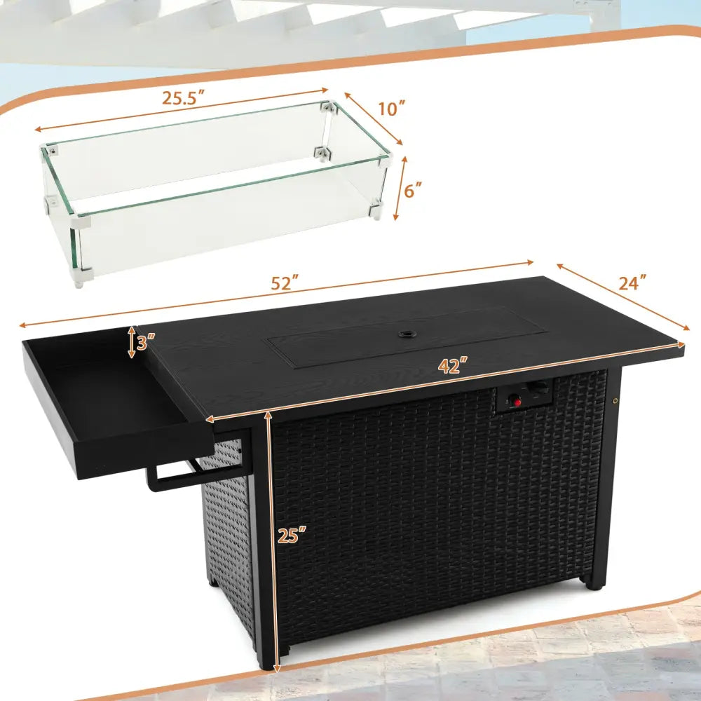 52 Inches Outdoor Wicker Gas Fire Pit Propane Fire Table with Cover-Black - Black - Fire Pit Tables