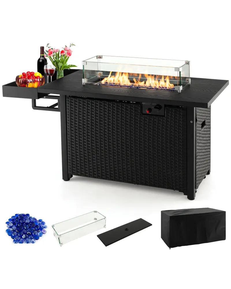 52 Inches Outdoor Wicker Gas Fire Pit Propane Fire Table with Cover-Black - Black - Fire Pit Tables