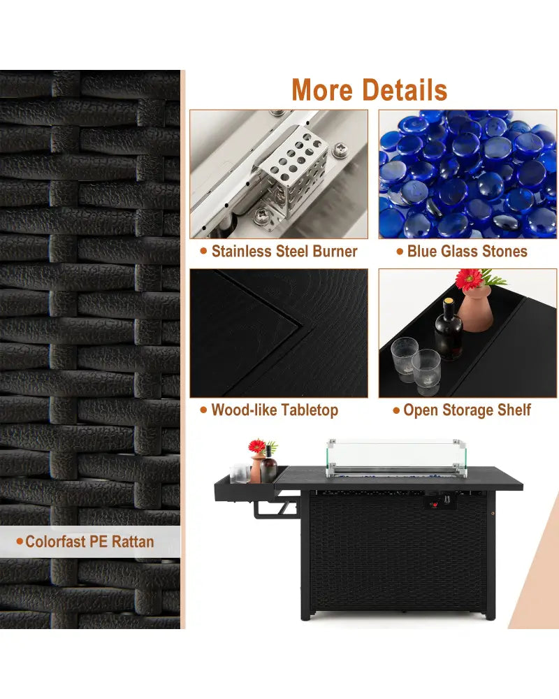 52 Inches Outdoor Wicker Gas Fire Pit Propane Fire Table with Cover-Black - Black - Fire Pit Tables