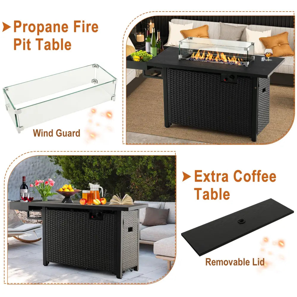 52 Inches Outdoor Wicker Gas Fire Pit Propane Fire Table with Cover-Black - Black - Fire Pit Tables
