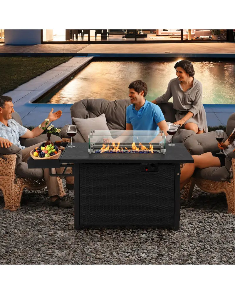 52 Inches Outdoor Wicker Gas Fire Pit Propane Fire Table with Cover-Black - Black - Fire Pit Tables