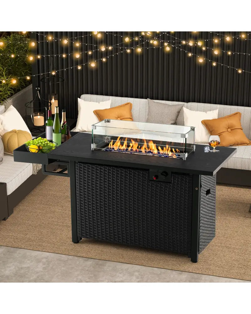 52 Inches Outdoor Wicker Gas Fire Pit Propane Fire Table with Cover-Black - Black - Fire Pit Tables