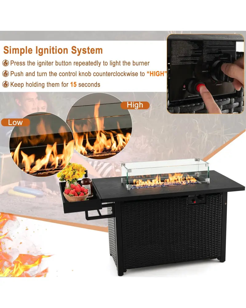 52 Inches Outdoor Wicker Gas Fire Pit Propane Fire Table with Cover-Black - Black - Fire Pit Tables