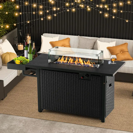 52 Inches Outdoor Wicker Gas Fire Pit Propane Fire Table with Cover-Black - Black - Fire Pit Tables
