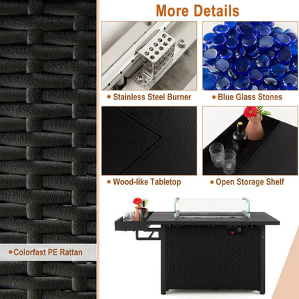 52 Inches Outdoor Wicker Gas Fire Pit Propane Fire Table with Cover-Black - Black - Fire Pit Tables
