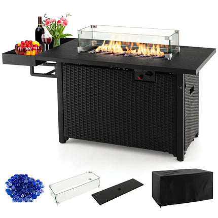 52 Inches Outdoor Wicker Gas Fire Pit Propane Fire Table with Cover-Black - Black - Fire Pit Tables