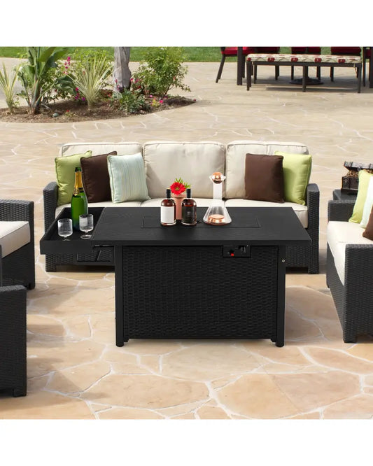 52 Inches Outdoor Wicker Gas Fire Pit Propane Fire Table with Cover-Black - Black - Fire Pit Tables