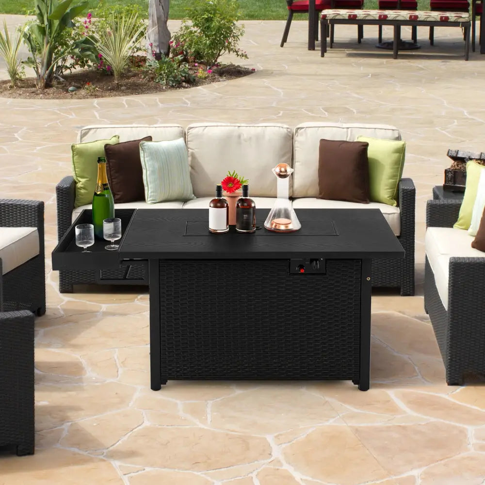 52 Inches Outdoor Wicker Gas Fire Pit Propane Fire Table with Cover-Black - Black - Fire Pit Tables