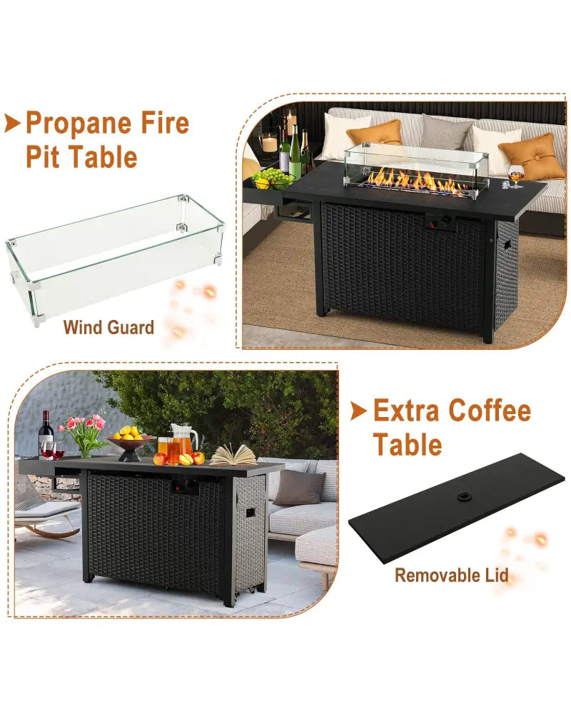 52 Inches Outdoor Wicker Gas Fire Pit Propane Fire Table with Cover-Black - Black - Fire Pit Tables