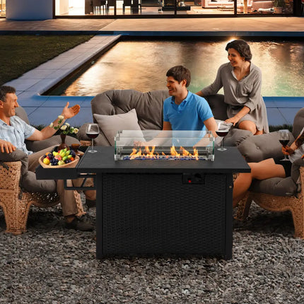 52 Inches Outdoor Wicker Gas Fire Pit Propane Fire Table with Cover-Black - Black - Fire Pit Tables