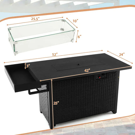52 Inches Outdoor Wicker Gas Fire Pit Propane Fire Table with Cover-Black - Black - Fire Pit Tables