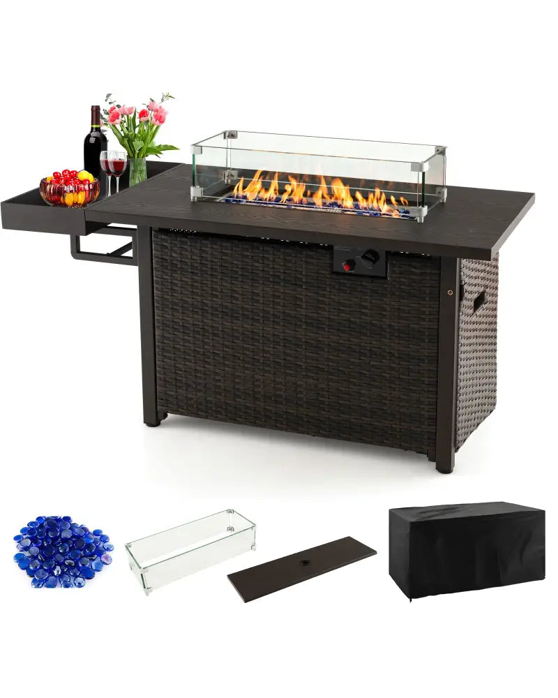 52 Inches Outdoor Wicker Gas Fire Pit Propane Fire Table with Cover-Brown - Brown - Fire Pit Tables