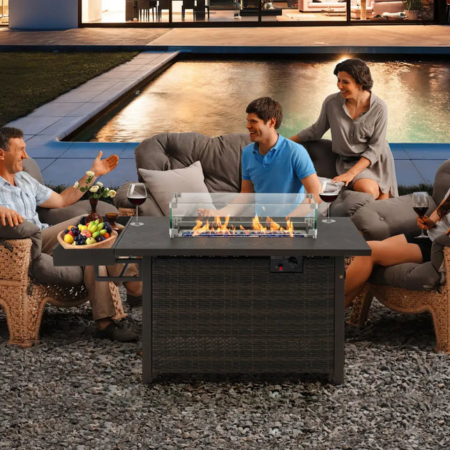 52 Inches Outdoor Wicker Gas Fire Pit Propane Fire Table with Cover-Brown - Brown - Fire Pit Tables