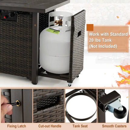 52 Inches Outdoor Wicker Gas Fire Pit Propane Fire Table with Cover-Brown - Brown - Fire Pit Tables