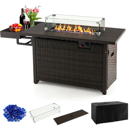 52 Inches Outdoor Wicker Gas Fire Pit Propane Fire Table with Cover-Brown - Brown - Fire Pit Tables
