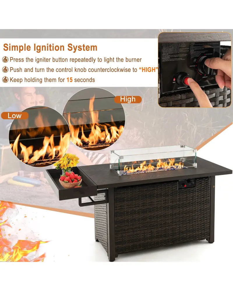 52 Inches Outdoor Wicker Gas Fire Pit Propane Fire Table with Cover-Brown - Brown - Fire Pit Tables
