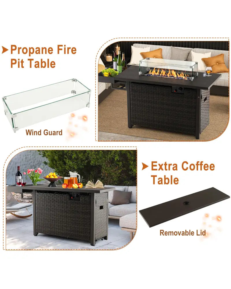 52 Inches Outdoor Wicker Gas Fire Pit Propane Fire Table with Cover-Brown - Brown - Fire Pit Tables