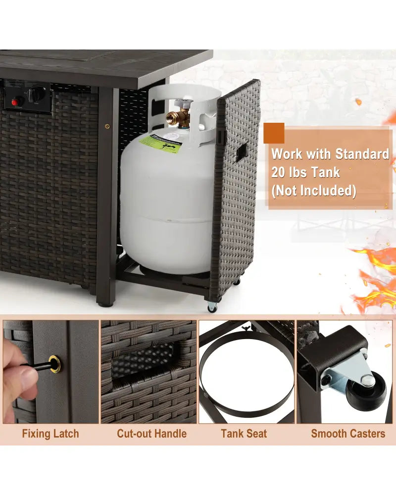 52 Inches Outdoor Wicker Gas Fire Pit Propane Fire Table with Cover-Brown - Brown - Fire Pit Tables