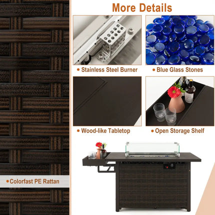 52 Inches Outdoor Wicker Gas Fire Pit Propane Fire Table with Cover-Brown - Brown - Fire Pit Tables
