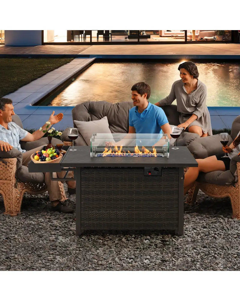 52 Inches Outdoor Wicker Gas Fire Pit Propane Fire Table with Cover-Brown - Brown - Fire Pit Tables