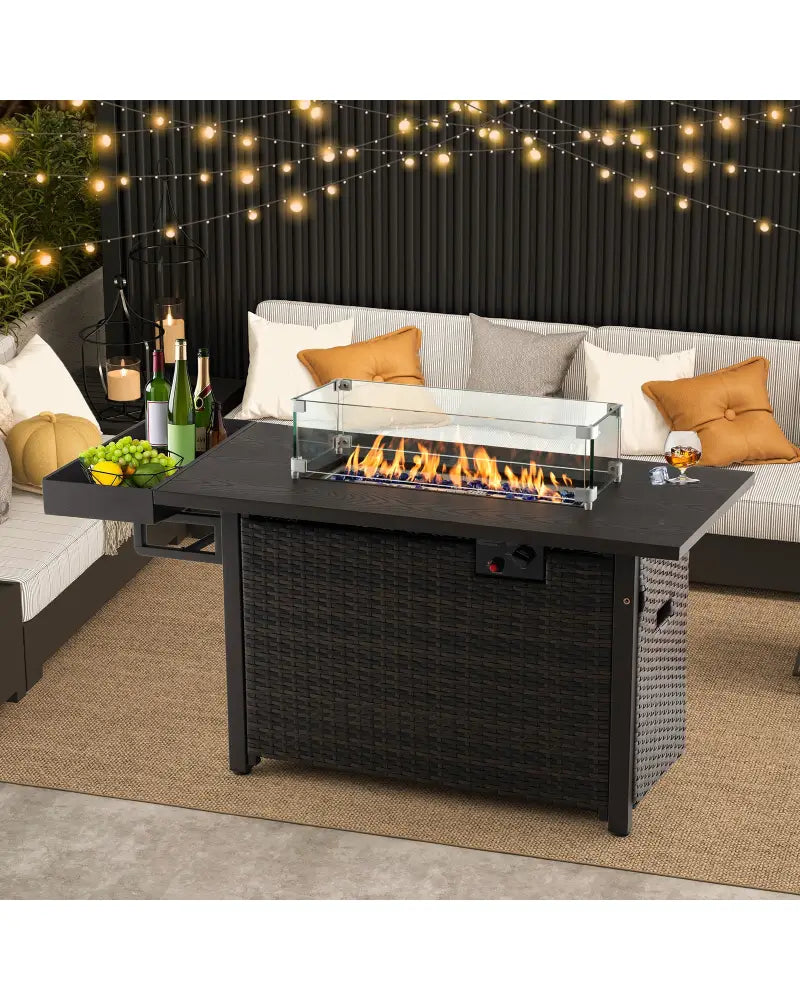 52 Inches Outdoor Wicker Gas Fire Pit Propane Fire Table with Cover-Brown - Brown - Fire Pit Tables