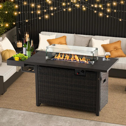 52 Inches Outdoor Wicker Gas Fire Pit Propane Fire Table with Cover-Brown - Brown - Fire Pit Tables