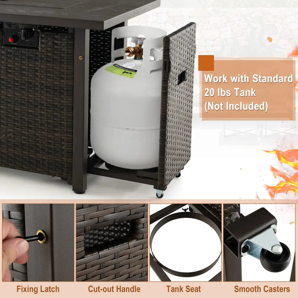 52 Inches Outdoor Wicker Gas Fire Pit Propane Fire Table with Cover-Brown - Brown - Fire Pit Tables