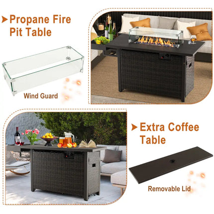 52 Inches Outdoor Wicker Gas Fire Pit Propane Fire Table with Cover-Brown - Brown - Fire Pit Tables