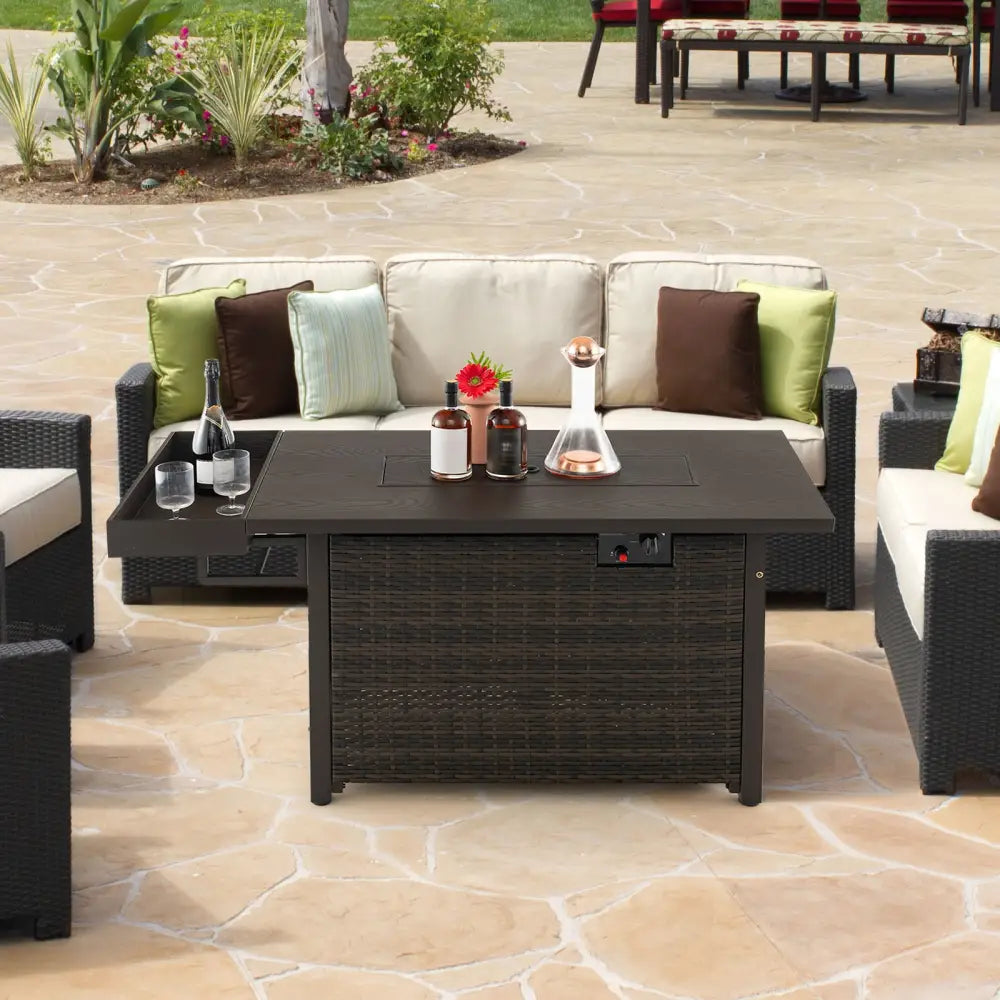 52 Inches Outdoor Wicker Gas Fire Pit Propane Fire Table with Cover-Brown - Brown - Fire Pit Tables