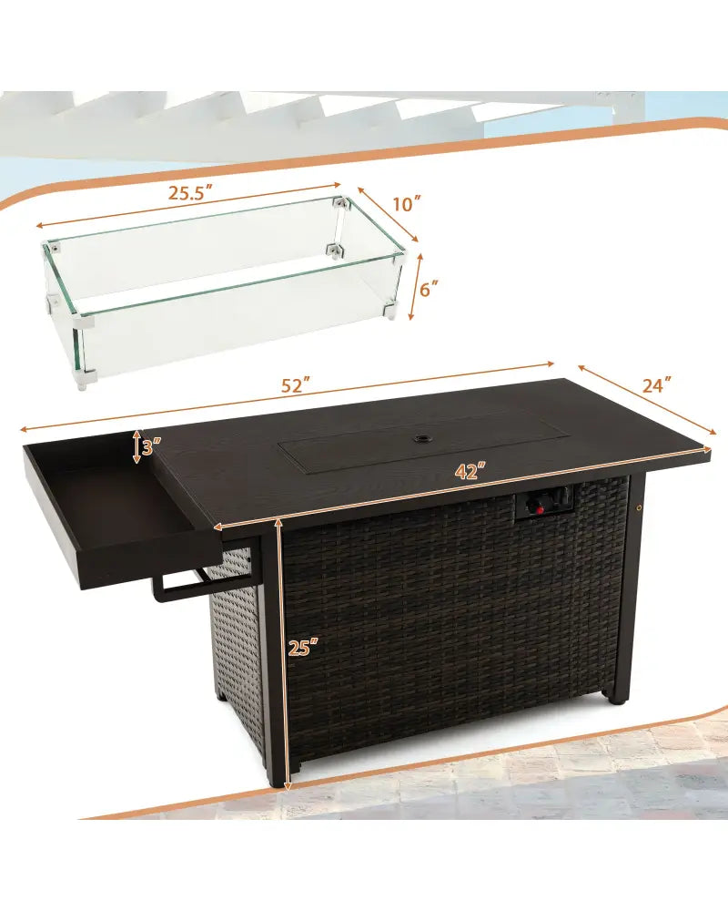 52 Inches Outdoor Wicker Gas Fire Pit Propane Fire Table with Cover-Brown - Brown - Fire Pit Tables