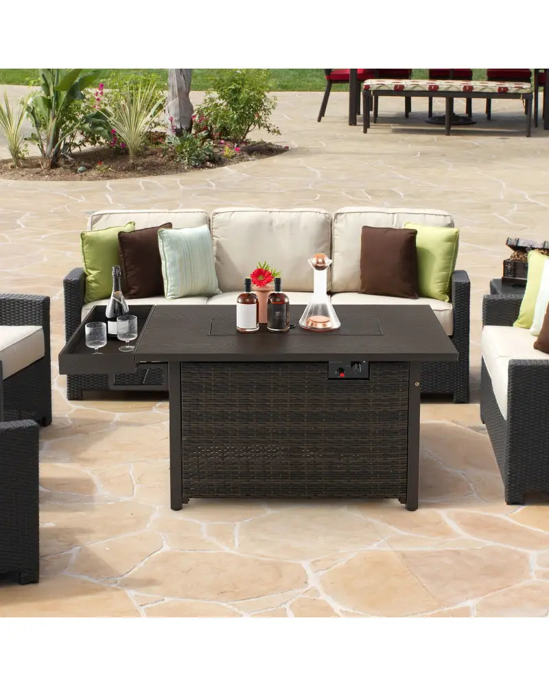 52 Inches Outdoor Wicker Gas Fire Pit Propane Fire Table with Cover-Brown - Brown - Fire Pit Tables
