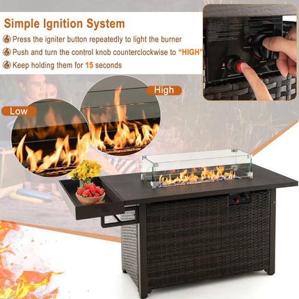 52 Inches Outdoor Wicker Gas Fire Pit Propane Fire Table with Cover-Brown - Brown - Fire Pit Tables