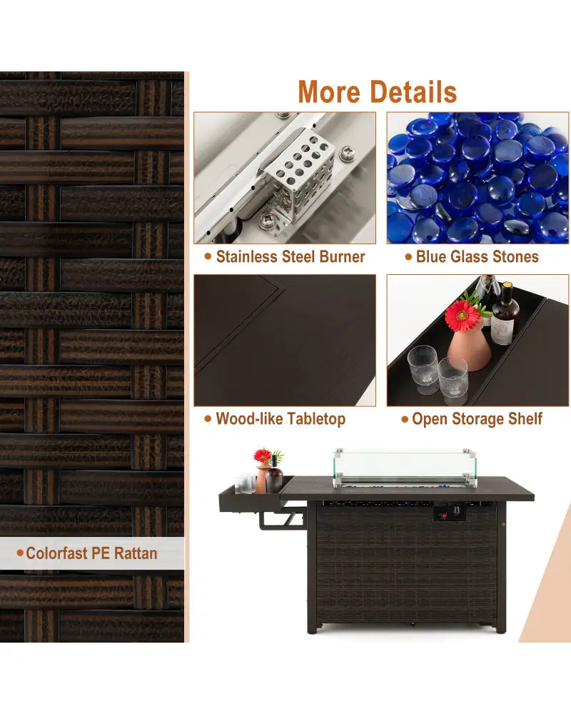 52 Inches Outdoor Wicker Gas Fire Pit Propane Fire Table with Cover-Brown - Brown - Fire Pit Tables