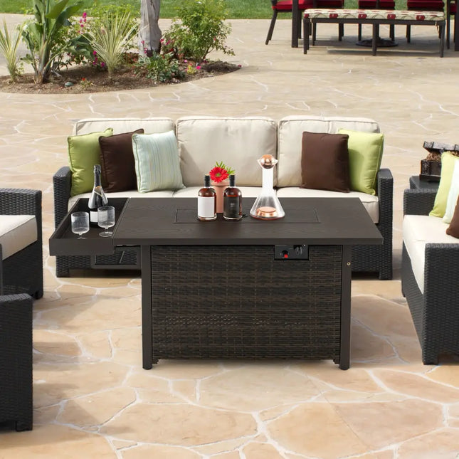 52 Inches Outdoor Wicker Gas Fire Pit Propane Fire Table with Cover-Brown - Brown - Fire Pit Tables