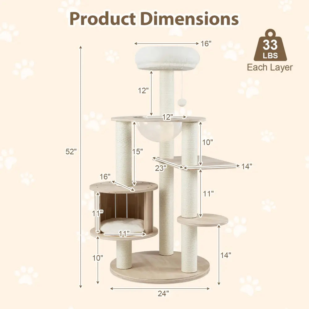 52 Inches Tall Wooden Cat Tree with Washable Plush Cushions and Multi-Level Climbing Stand - Cat Trees Condos &