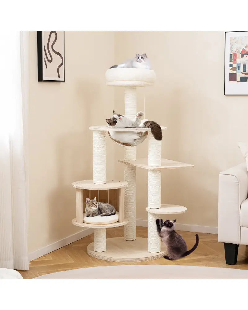 52 Inches Tall Wooden Cat Tree with Washable Plush Cushions and Multi-Level Climbing Stand - Cat Trees Condos &