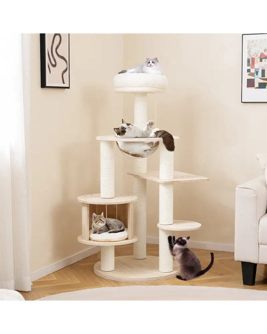 52 Inches Tall Wooden Cat Tree with Washable Plush Cushions and Multi-Level Climbing Stand - Cat Trees Condos &