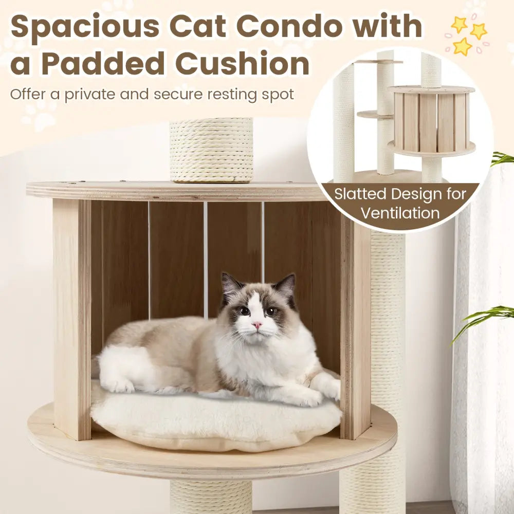 52 Inches Tall Wooden Cat Tree with Washable Plush Cushions and Multi-Level Climbing Stand - Cat Trees Condos &