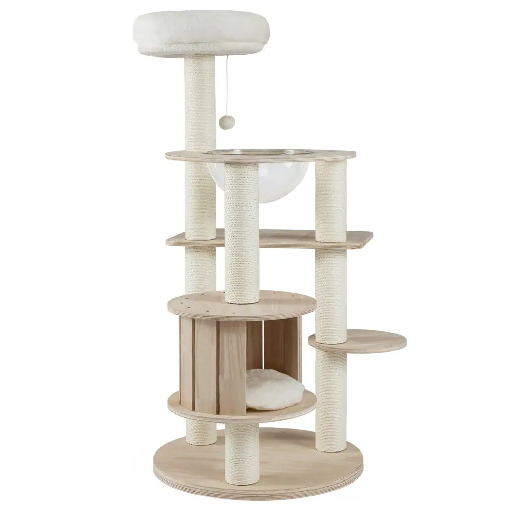 52 Inches Tall Wooden Cat Tree with Washable Plush Cushions and Multi-Level Climbing Stand - Cat Trees Condos &