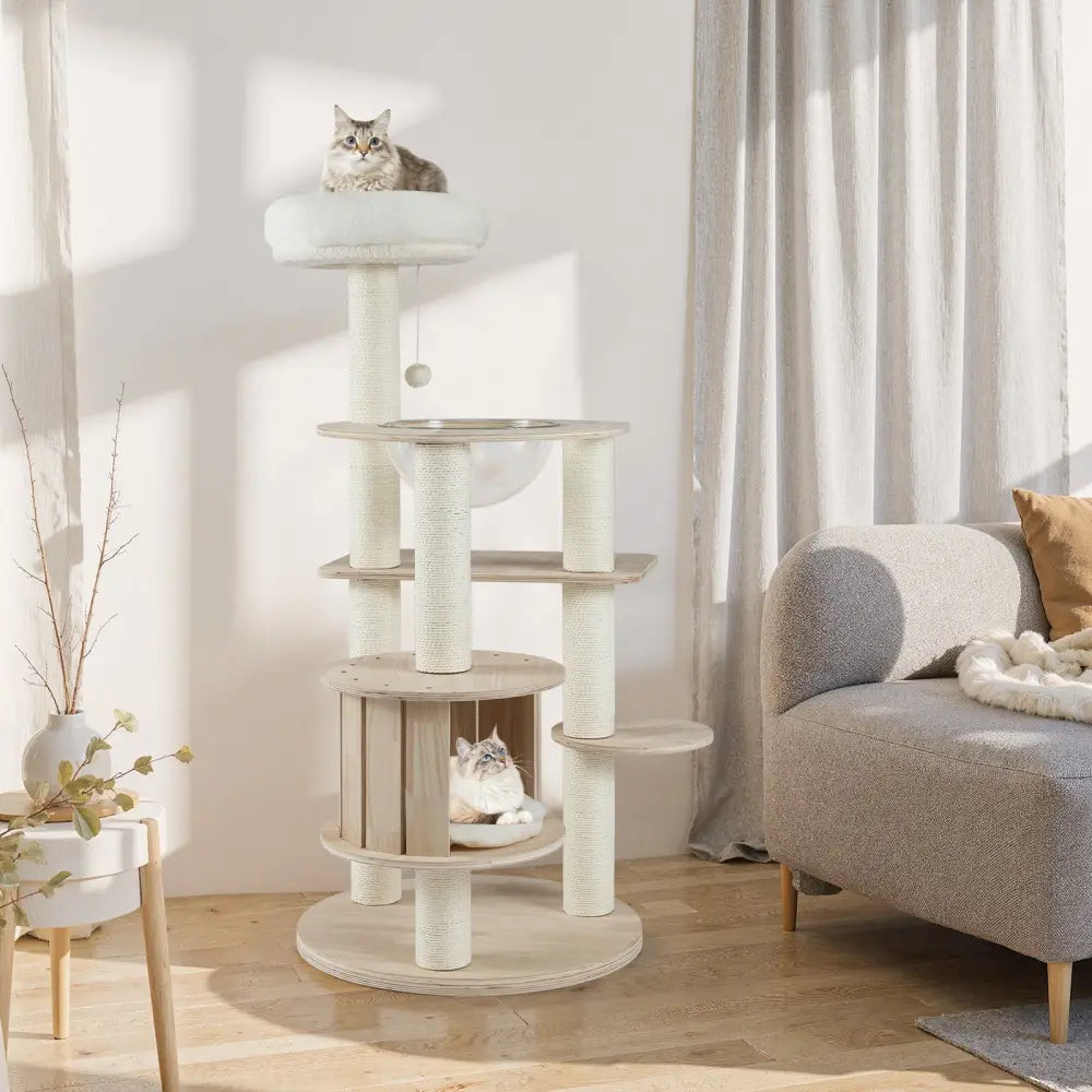 52 Inches Tall Wooden Cat Tree with Washable Plush Cushions and Multi-Level Climbing Stand - Cat Trees Condos &