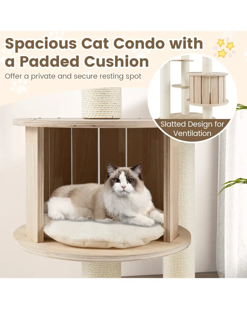 52 Inches Tall Wooden Cat Tree with Washable Plush Cushions and Multi-Level Climbing Stand - Cat Trees Condos &