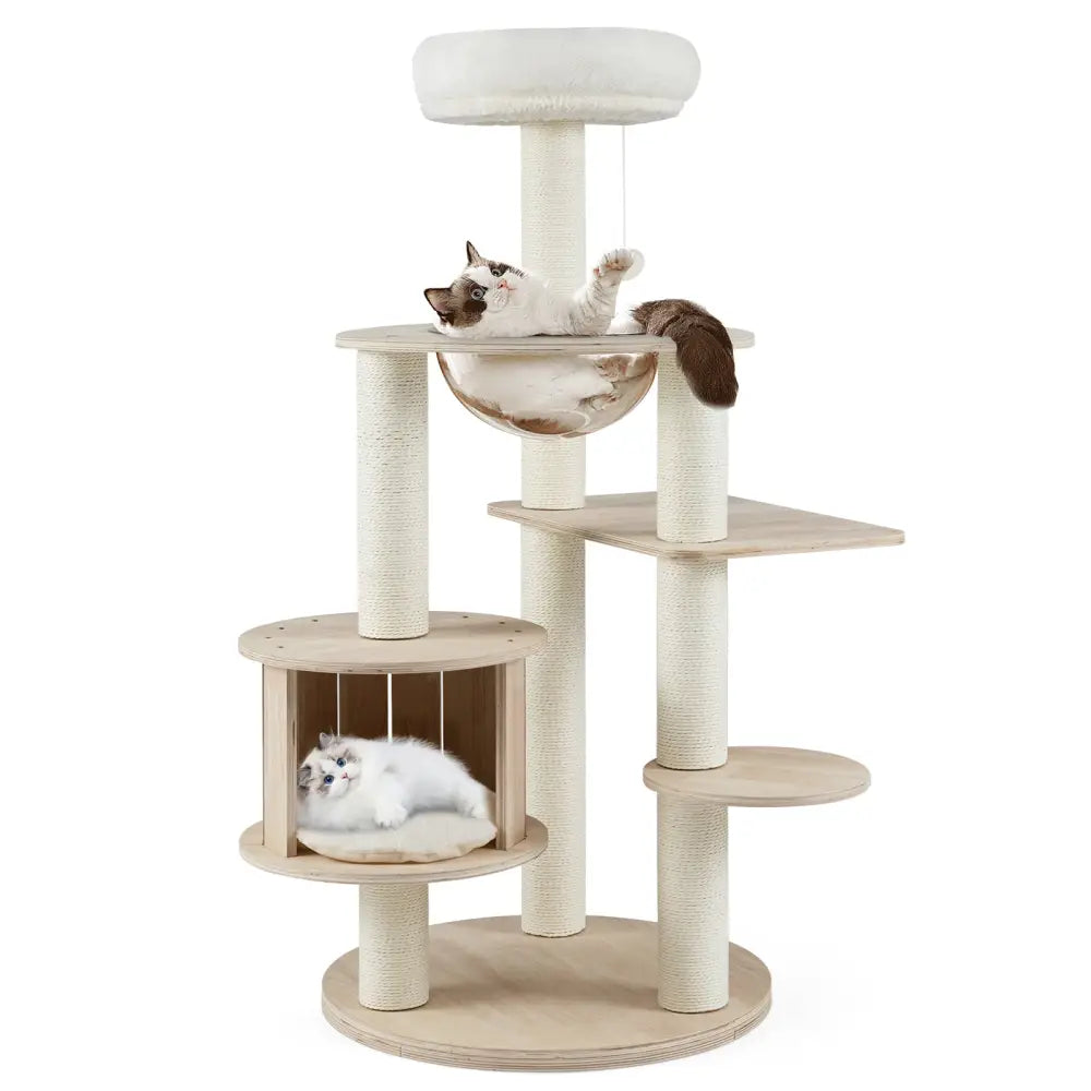 52 Inches Tall Wooden Cat Tree with Washable Plush Cushions and Multi-Level Climbing Stand - Cat Trees Condos &