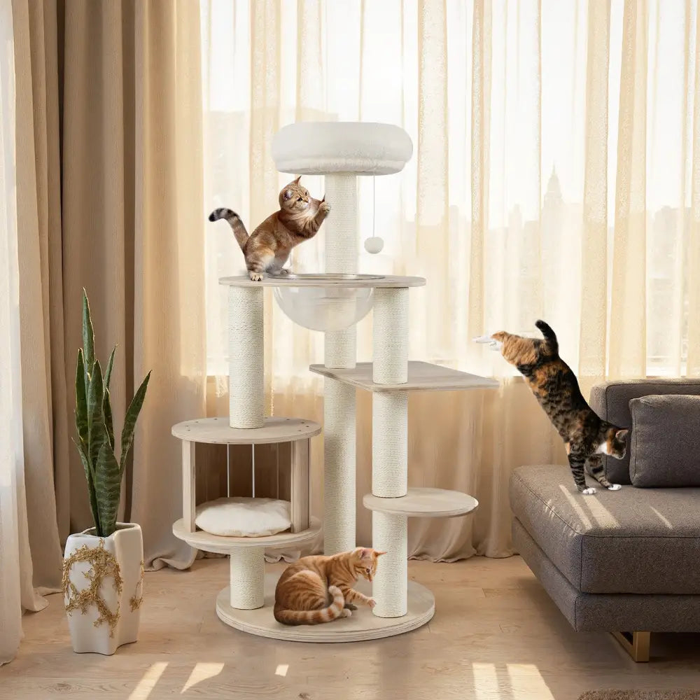 52 Inches Tall Wooden Cat Tree with Washable Plush Cushions and Multi-Level Climbing Stand - Cat Trees Condos &