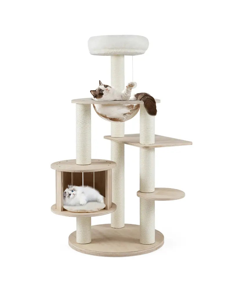52 Inches Tall Wooden Cat Tree with Washable Plush Cushions and Multi-Level Climbing Stand - Cat Trees Condos &