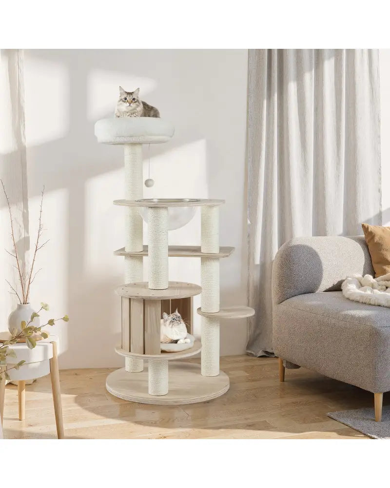 52 Inches Tall Wooden Cat Tree with Washable Plush Cushions and Multi-Level Climbing Stand - Cat Trees Condos &
