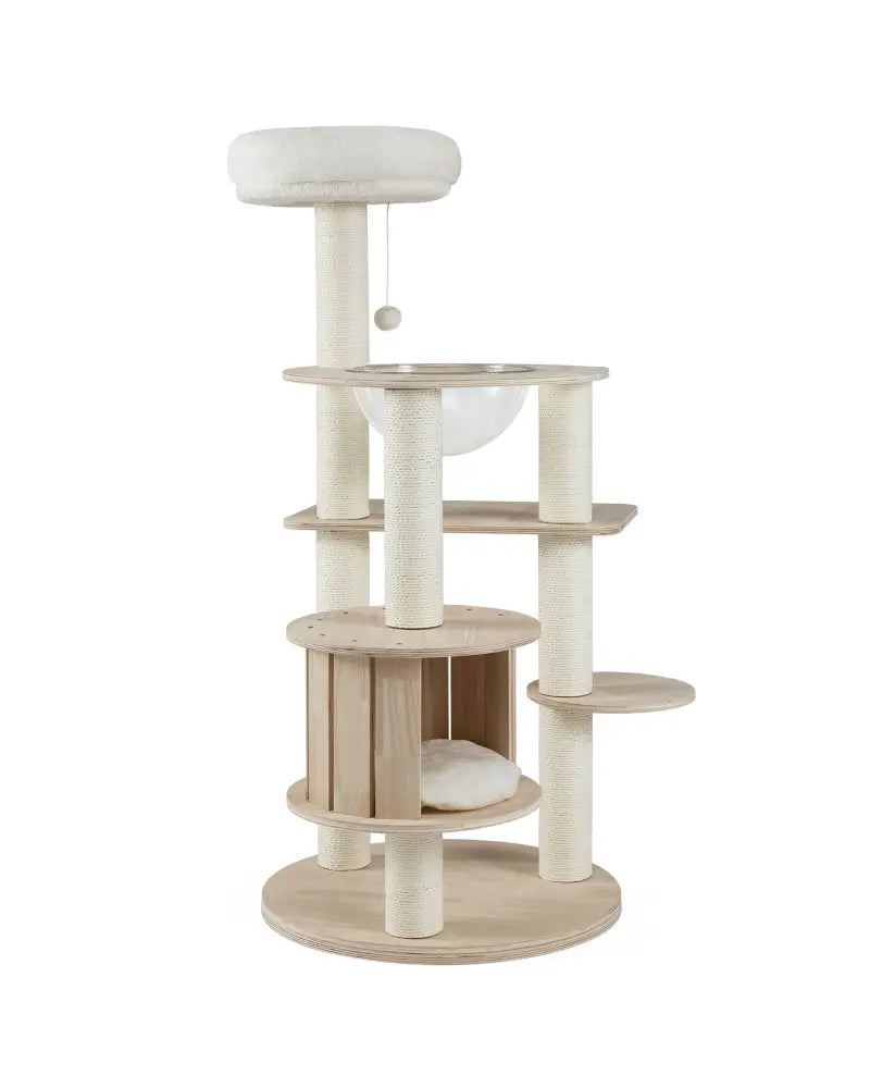 52 Inches Tall Wooden Cat Tree with Washable Plush Cushions and Multi-Level Climbing Stand - Cat Trees Condos &