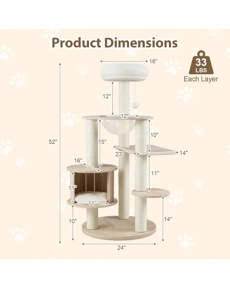 52 Inches Tall Wooden Cat Tree with Washable Plush Cushions and Multi-Level Climbing Stand - Cat Trees Condos &